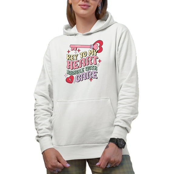 Key to My Heart, Handle with Care, Retro Groovy Wavy Valentine's Day Text Art Merch Gift, White Hooded Sweatshirt or Hoodie, Large