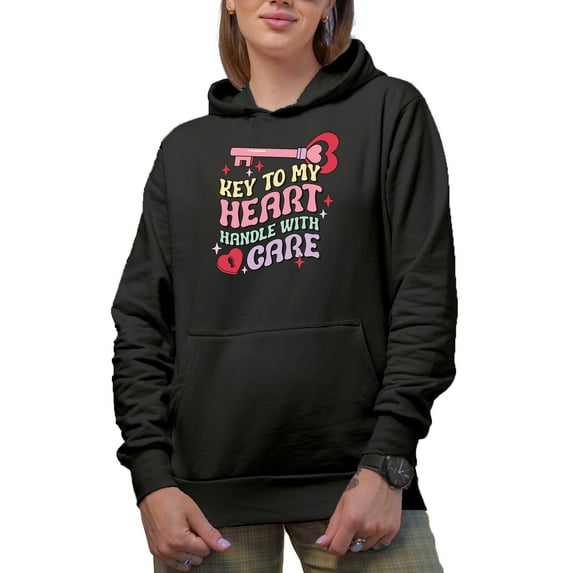 Key to My Heart, Handle with Care, Retro Wavy Valentine's Day Text Art Merch Gift, Black Hooded Sweatshirt or Hoodie, Medium