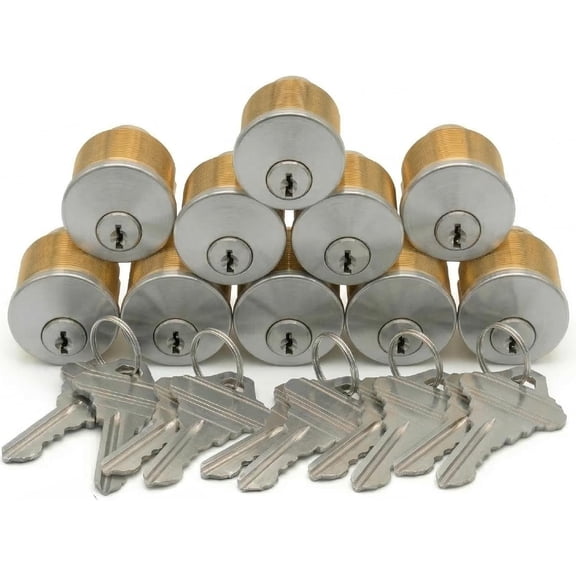 Key4less Brass Mortise Cylinder Lock 1-1/4 Inch Keyway Keyed Alike | Commercial Door Replacement - Corbin Yale Adams Rite Fit -10 pack