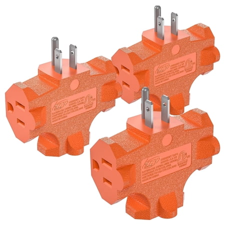 KeyPower 3 Way Plug Adapter, ETL Listed 3 Outlet Grounded Wall Outlet Splitter, 3 Prong Multi Outlet Adapter, 15A 125V 1875W, Power Splitter for Home, Office or Travel, Orange (3-Pack)