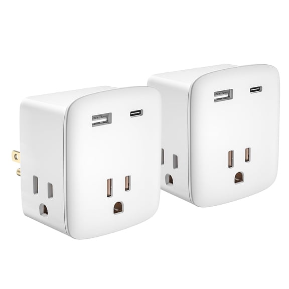 KeyPower Multi Plug Wall Outlet Extender Splitter, Non Surge Protector Power Bar with 3 AC Outlets and 2 USB Ports (1 USB-C), Compact Wall Charger for Cruise Ship Travel and Home, 2Pack