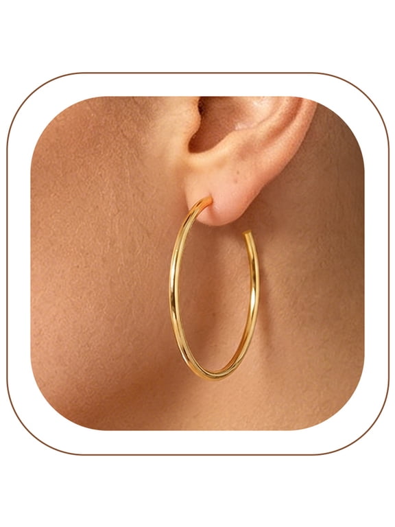 14K Gold Plated Hoop Earrings for Women Hypoallergenic Stainless Steel Lightweight Thin Loop Earrings 40M