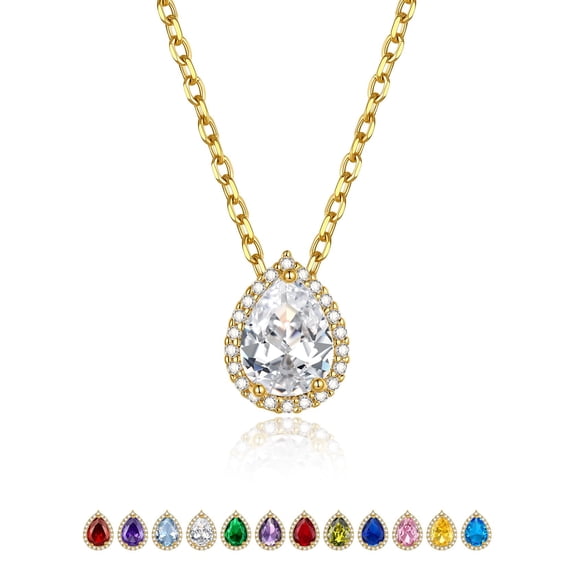 KeyStyle 14K Gold Plated Necklaces for Women with Cubic Zirconia Birthstone Pendant Necklaces Teardrop Jewelry Birthday Gift for Women