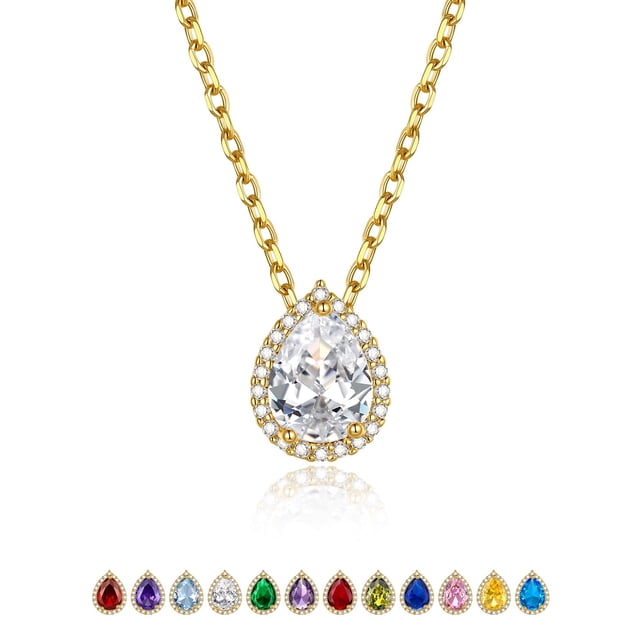 KeyStyle 14K Gold Plated Necklaces for Women with Cubic Zirconia Birthstone Pendant Necklaces Teardrop Jewelry Birthday Gift for Women