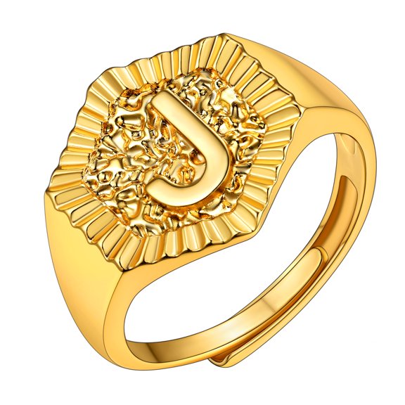 KeyStyle 18K Gold Initial Ring Letters A-Z Rings for Women Adjustable Hexagon Gold Plated Rings for Valentine's Day Jewelry Gifts for Her, Letter J