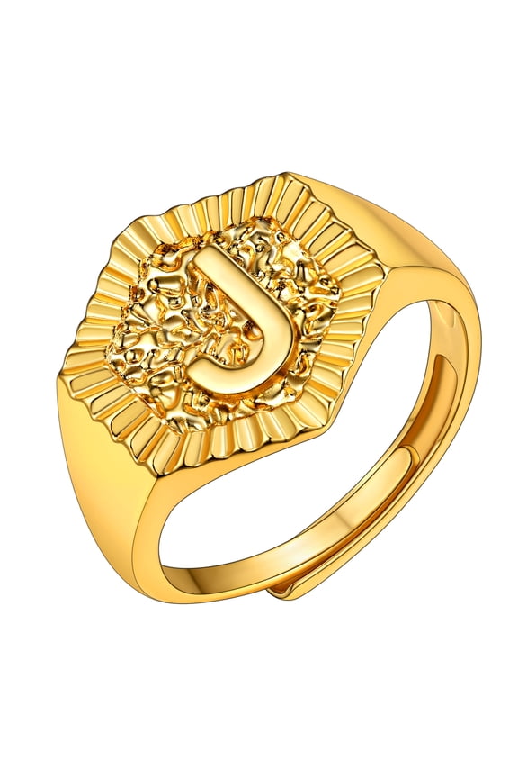 18K Gold Initial Ring Letters A-Z Rings for Women Adjustable Hexagon Gold Plated Rings for Valentine's Day Jewelry Gifts for Her, Letter J