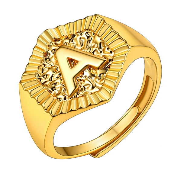 KeyStyle A-Z Letters Initial Rings for Women 18K Gold Plated Bold Hexagon Statement Ring Adjustable Thanksgiving Day Jewelry Gifts for Her,Letter A