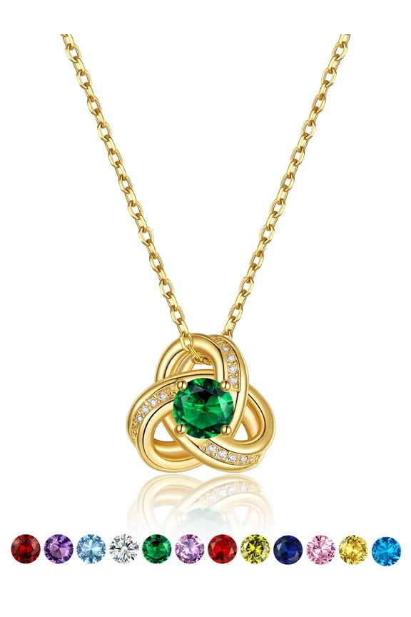 Birthstone Necklace for Women 14K Gold Plated Love Knot Pendant Necklace with Cubic Zirconia Valentines Gifts for Girlfriend