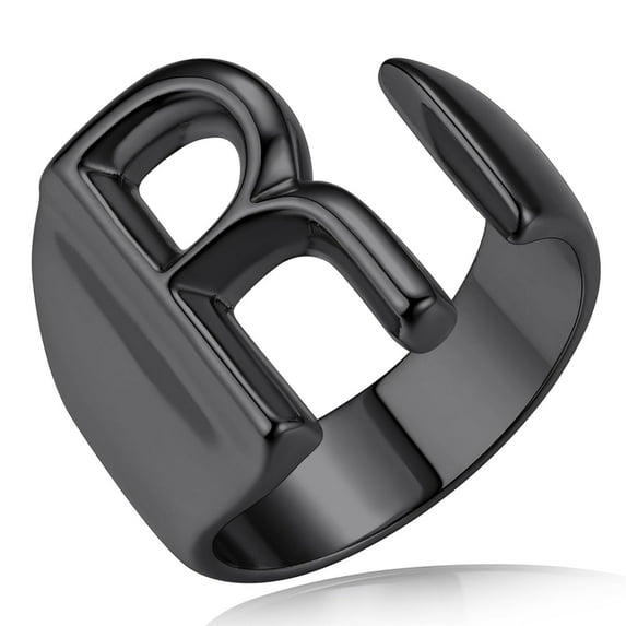 KeyStyle Black Letter Initial Ring for Women Bold Open Statement Ring Adjustable Trendy Party Jewelry Birthday Valentine's Day Gift for Wife