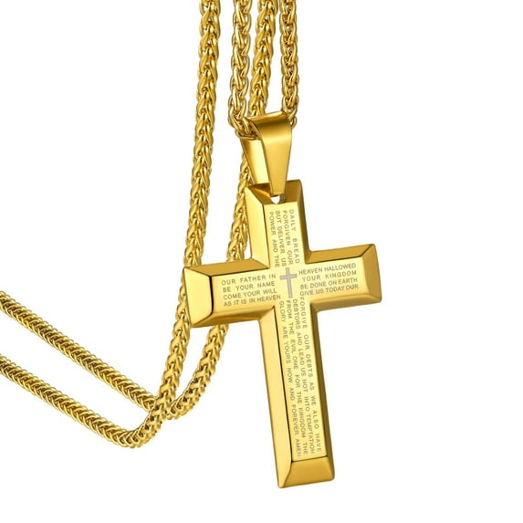 KeyStyle Cross Necklace for Men Stainless Steel Scripture Cross Pendant Necklace Catholic Christian Religious Christmas Birthday Valentines Jewelry Gifts for Husband