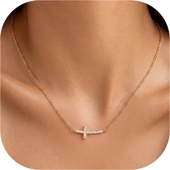 KeyStyle Cross Necklace for Women 14K Gold Plated Sidways Zircon Cross Pendant Simple Trendy Jewelry