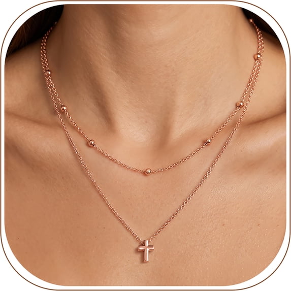 KeyStyle Cross Necklace for Women,14K Rose Gold Plated Double Layered Cross Pendant Copper Christmas Easter Christian Jewelry Gifts