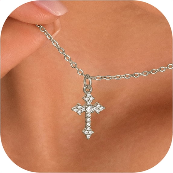 KeyStyle Cross Necklace for Women 18K White Gold Plated Dainty Cross Pendant Hypoallergenic Chain Christmas Jewelry Gift for Her