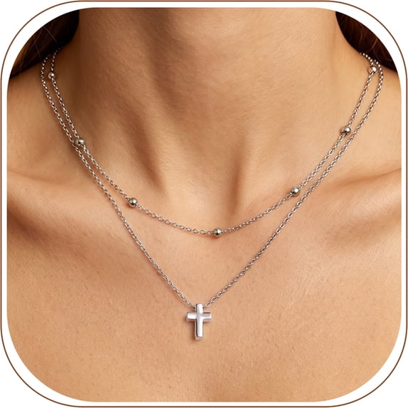 KeyStyle Cross Necklace for Women Hypoallergenic Stainless Steel Double Layered Cross Pendant Christmas Easter Christian Jewelry Gift
