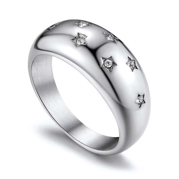 KeyStyle Dome Ring for Women Chunky Band Rings with Cubic Zirconia Stainless Steel Stacking Croissant Statement Ring Birthday Jewelry Gift for Her, Size 7-12