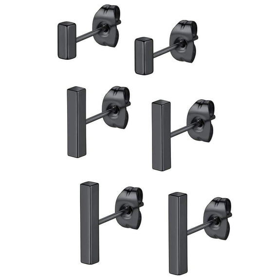 KeyStyle Geometric Stud Earrings Set, Bar Stud Earrings for Women & Men, Jewelry Earrings Valentines Gifts for Husband, Black Tone, (5-12)mm, 3 Pairs