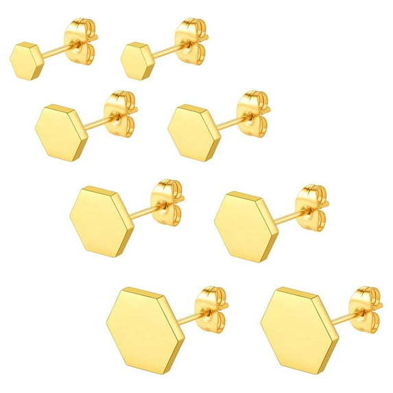 KeyStyle Geometric Stud Earrings Set, Hexagon Stud Earrings for Women & Men, Jewelry Earrings Birthday Present for Women, Gold Plated, (4-10)mm, 4 Pairs