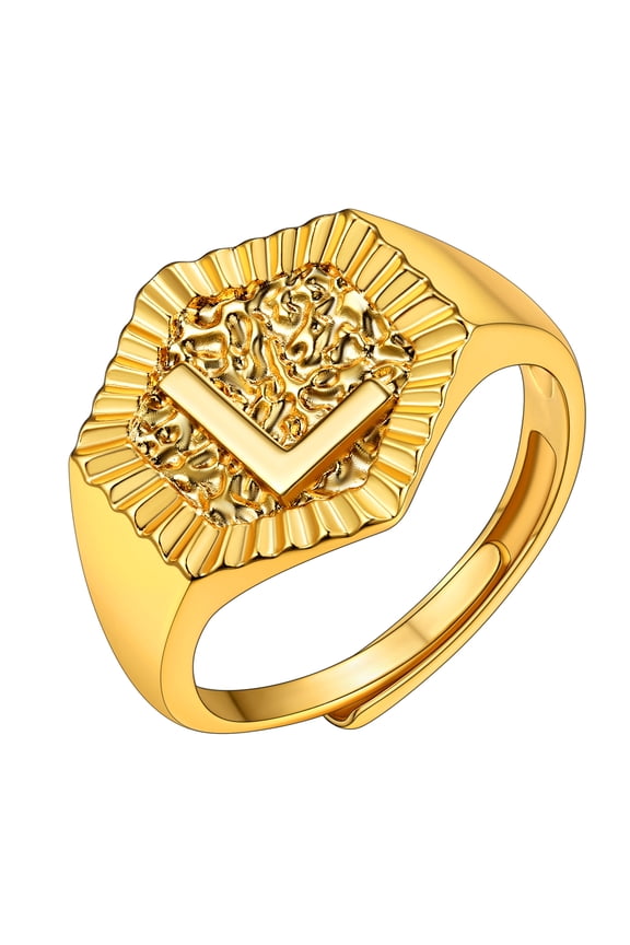 Gold Bold Initial Ring for Women 18K Gold Plated Rings Letter A to Z Adjustable Hexagon Personalized Ring Anniversary Gift for Her, Letter L