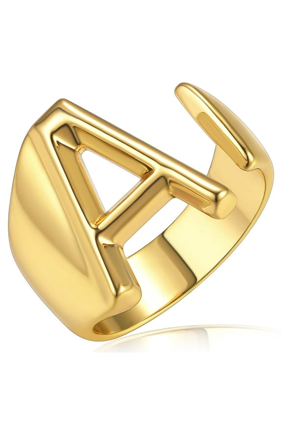 14K Gold Plated Initial Ring for Women Alphabet Letter Ring Adjustable Personalized Bold Statement Jewelry Stacking Ring Valentine's Day Gifts for Wife