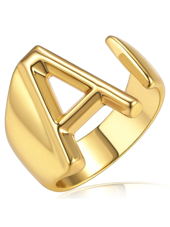 14K Gold Plated Initial Ring for Women Alphabet Letter Ring Adjustable Personalized Bold Statement Jewelry Stacking Ring Valentine's Day Gifts for Wife