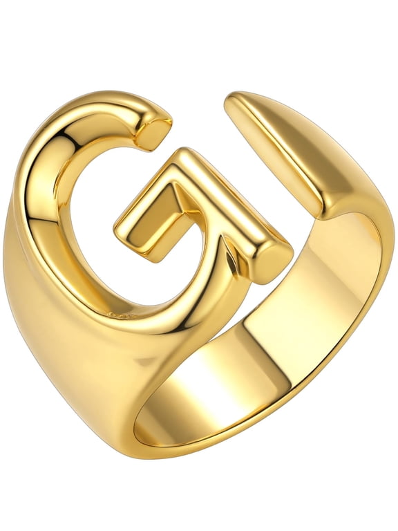 14K Gold Plated Initial Ring for Women Alphabet Letter Ring Adjustable Personalized Bold Statement Jewelry Stacking Ring Valentine's Day Gifts for Wife