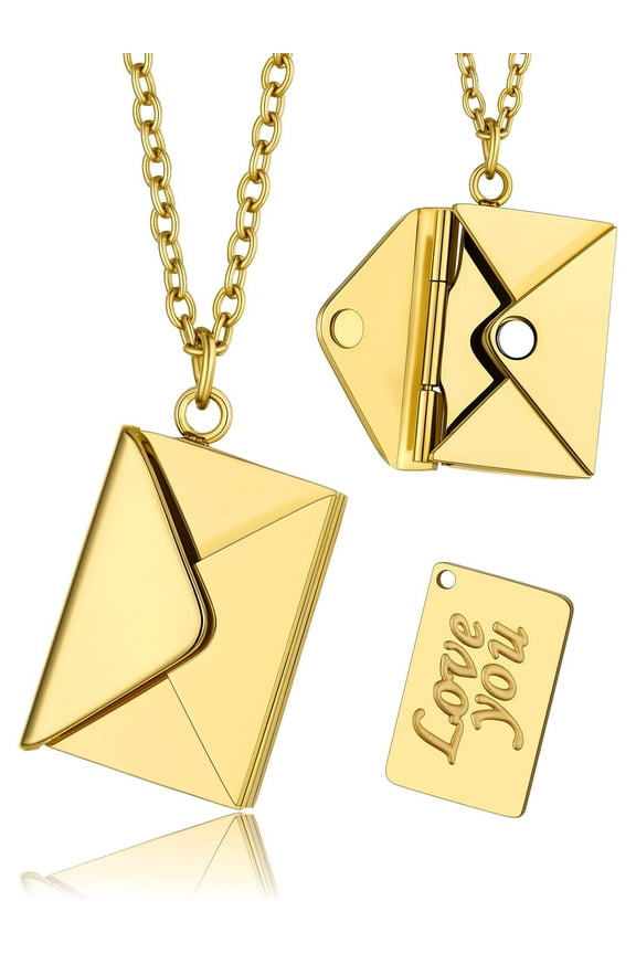 14K Gold Plated Locket Necklace for Women Envelope Locket Necklace with Love You Letter Jewelry Anniversary Valentine's Day Gift for Girlfriend