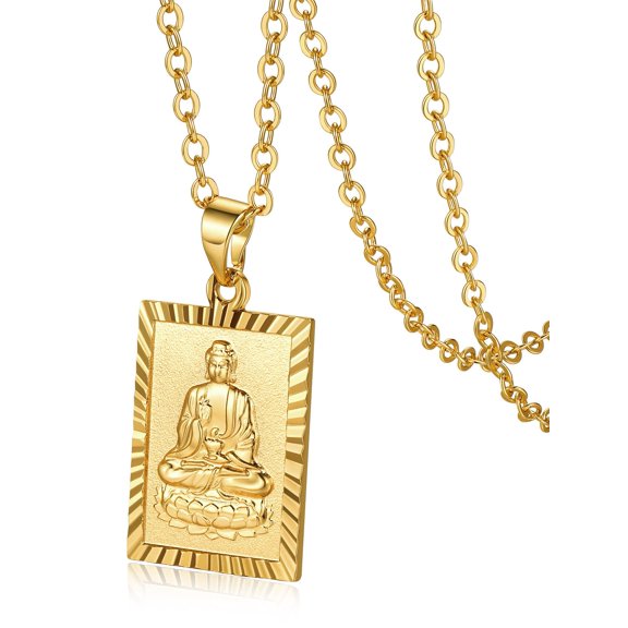 KeyStyle Gold Plated Pendant Necklace for Men Father Square Capital Necklace with Buddha Pattern Chinese Religious Necklace for Women & Men Protection Gift Jewelry