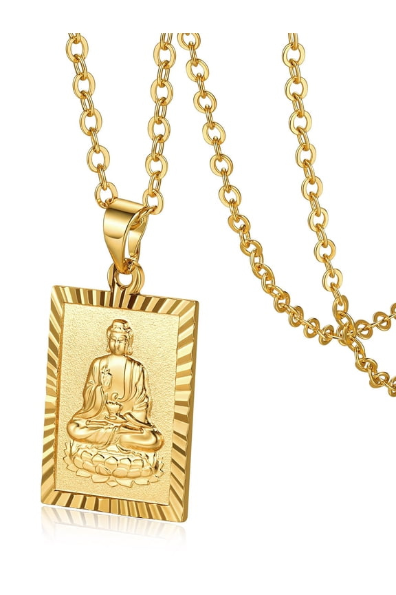 Gold Plated Pendant Necklace for Men Father Square Capital Necklace with Buddha Pattern Chinese Religious Necklace for Women & Men Protection Gift Jewelry