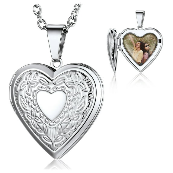 KeyStyle Heart Locket Necklace for Women Personalized Necklaces that Holds Pictures Floral Vine Heart Photo Locket Necklace Mother's Day Jewelry Valentine's Day Gifts