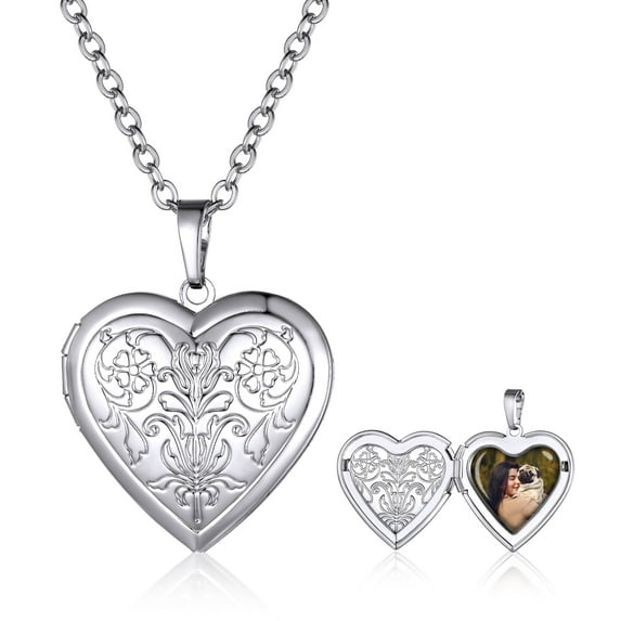 KeyStyle Heart Locket Necklace for Women Personalized Necklaces that Holds Pictures Floral Vine Photo Locket Necklace Mother's Day Jewelry Gifts for Women