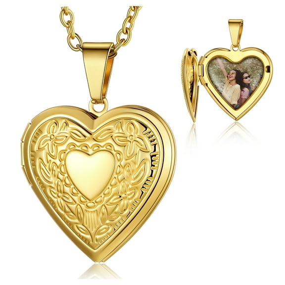 KeyStyle Heart Photo Locket Necklace for Women Vine Floral Heart Gold Plated Necklaces that Holds Pictures Personalized Jewelry Birthday Valentine's Day Gifts for Her