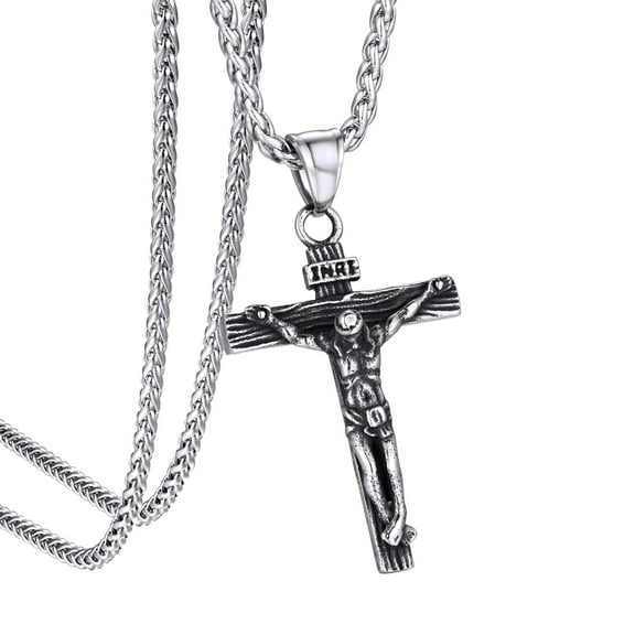 KeyStyle Cross Necklace for Men Stainless Steel INRI Crucifix Cross Pendant Necklace Jesus Christian Religious Jewelry Anniversary Valentines Gift for Husband Boyfriend