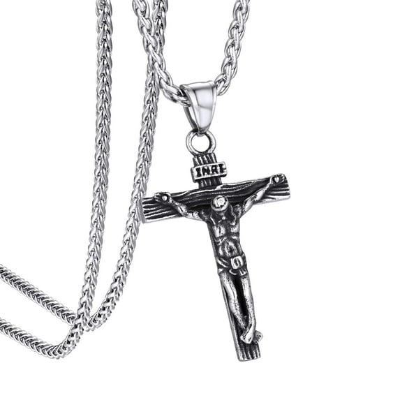 KeyStyle Cross Necklace for Men Stainless Steel INRI Crucifix Cross Pendant Necklace Jesus Christian Religious Jewelry Anniversary Valentines Gift for Husband Boyfriend