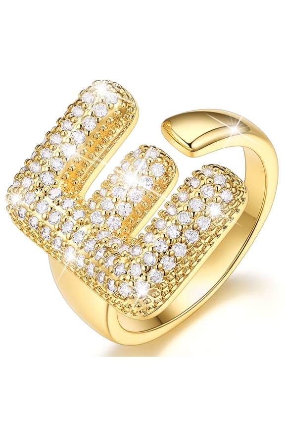 Initial Rings for Women, 14K Gold Plated Alphabet Letter Rings, Adjustable Statement Ring Personalized Jewelry Birthday Valentine Gift for Wife