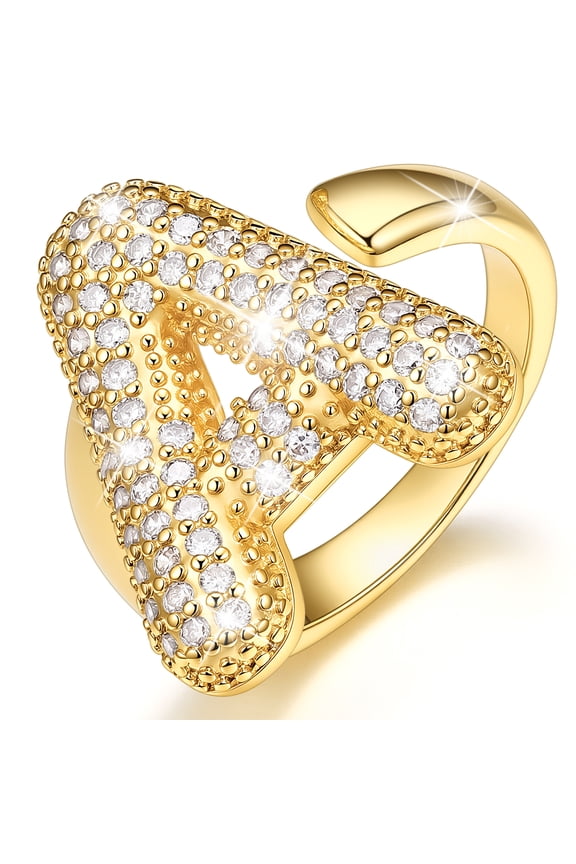 Initial Rings for Women, 14K Gold Plated Shiny Alphabet Letter Rings, Adjustable Statement Ring Personalized Jewelry Birthday Valentine Gift for Wife