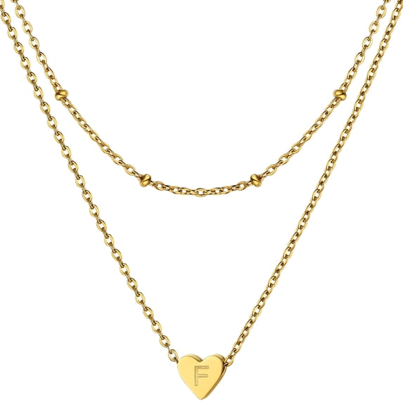 KeyStyle Layered Heart Initial Necklace for Women Gold Plated Alphabet Letter Necklaces Layered Ball Link Chains Mother's Day Anniversary Jewelry Gift for Her