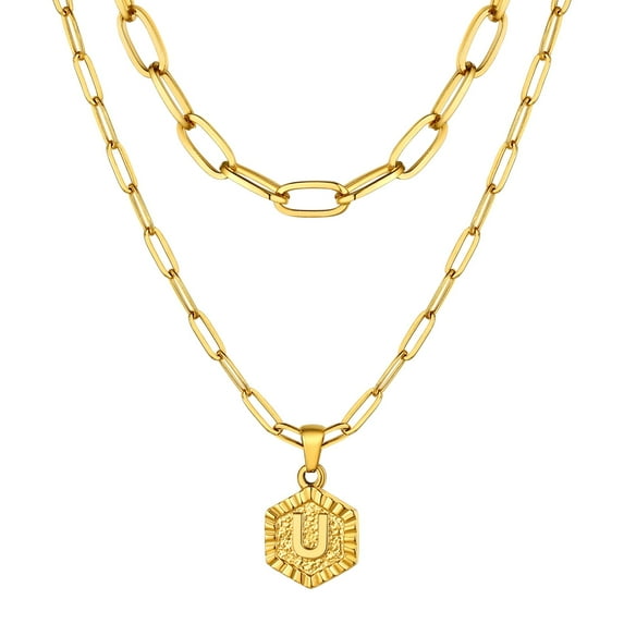 KeyStyle Layered Initial Necklace for Women Gold Plated Alphabet Letter Pendant Necklaces Layered Paperclip Link Chain Set Mother's Day Anniversary Jewelry Gift for Women Mom