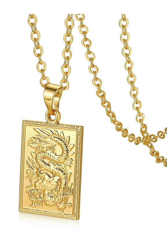Pendant Necklace for Men Gold Plated Square Capital Necklace with Dragon Chinese Religious Necklace for Women & Men Amulet Jewelry Birthday Gifts for Him