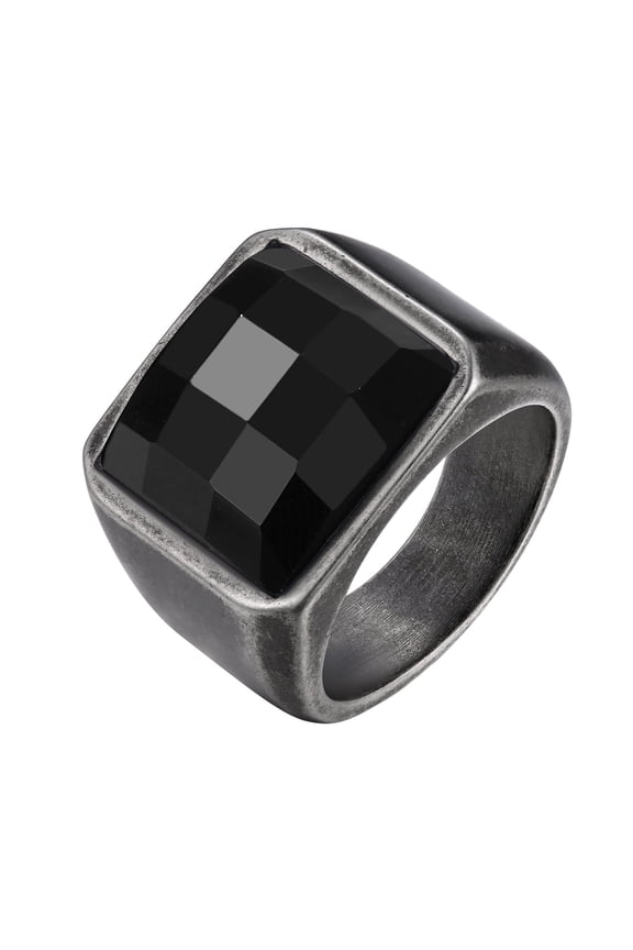 Rings for Men Vintage Stainless Steel Signet Ring with Black Topaz Gemstone Birthstone Statement Ring Birthday Jewelry Father Day Valentine Gift for Men, 15mm Black Topaz