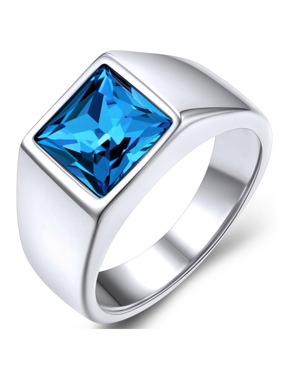 Rings for Men Stainless Steel Statement Ring with Blue Topaz Birthstone Signet Ring Birthday Gemstone Jewelry Father Day Valentine's Day Gift for Men, 8mm Blue Topaz