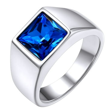 KeyStyle Rings for Men Stainless Steel Statement Ring with Blue Topaz Birthstone Signet Ring Birthday Gemstone Jewelry Father Day Gift for Men Dad, 8mm Blue Topaz