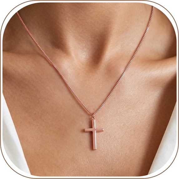 KeyStyle Rose Gold Plated Cross Necklace for Women Large Cross Pendant Stainless Steel Chain Religious Christian Jewelry Faith Gift