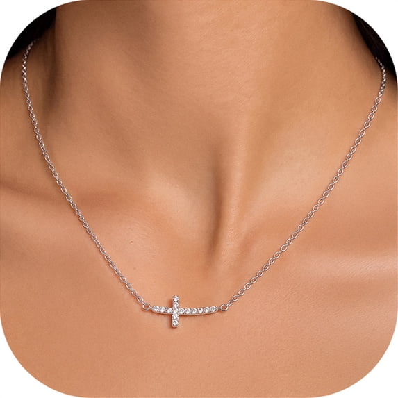 KeyStyle Zircon Cross Necklace for Women Dainty Sidways Cross Pendant Faith Jewelry Christian Christmas Graduation Gifts