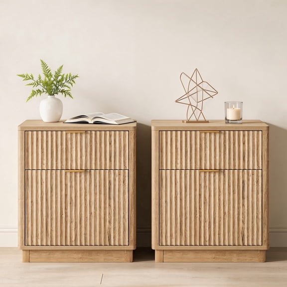 KeyWhat 2Pack 23'' Fluted Nightstand with Charging Station, Modern Large 2 Drawer Bedside Table for Bedroom, Living Room - Natural Oak
