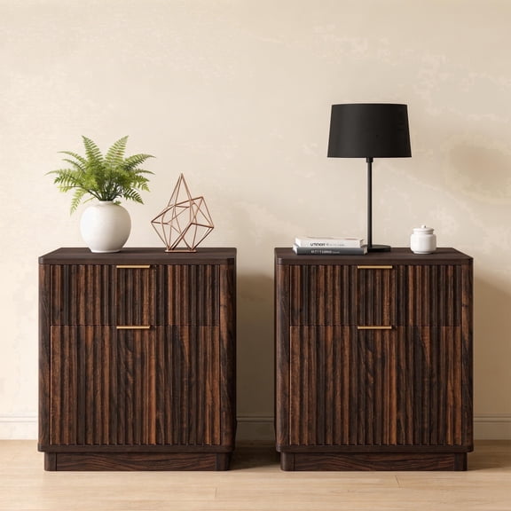KeyWhat 2Pack Modern Nightstand, 23'' Fluted 2 Drawer Wood Side Table with Charging Station for Bedroom, Living Room, Dark Walnut