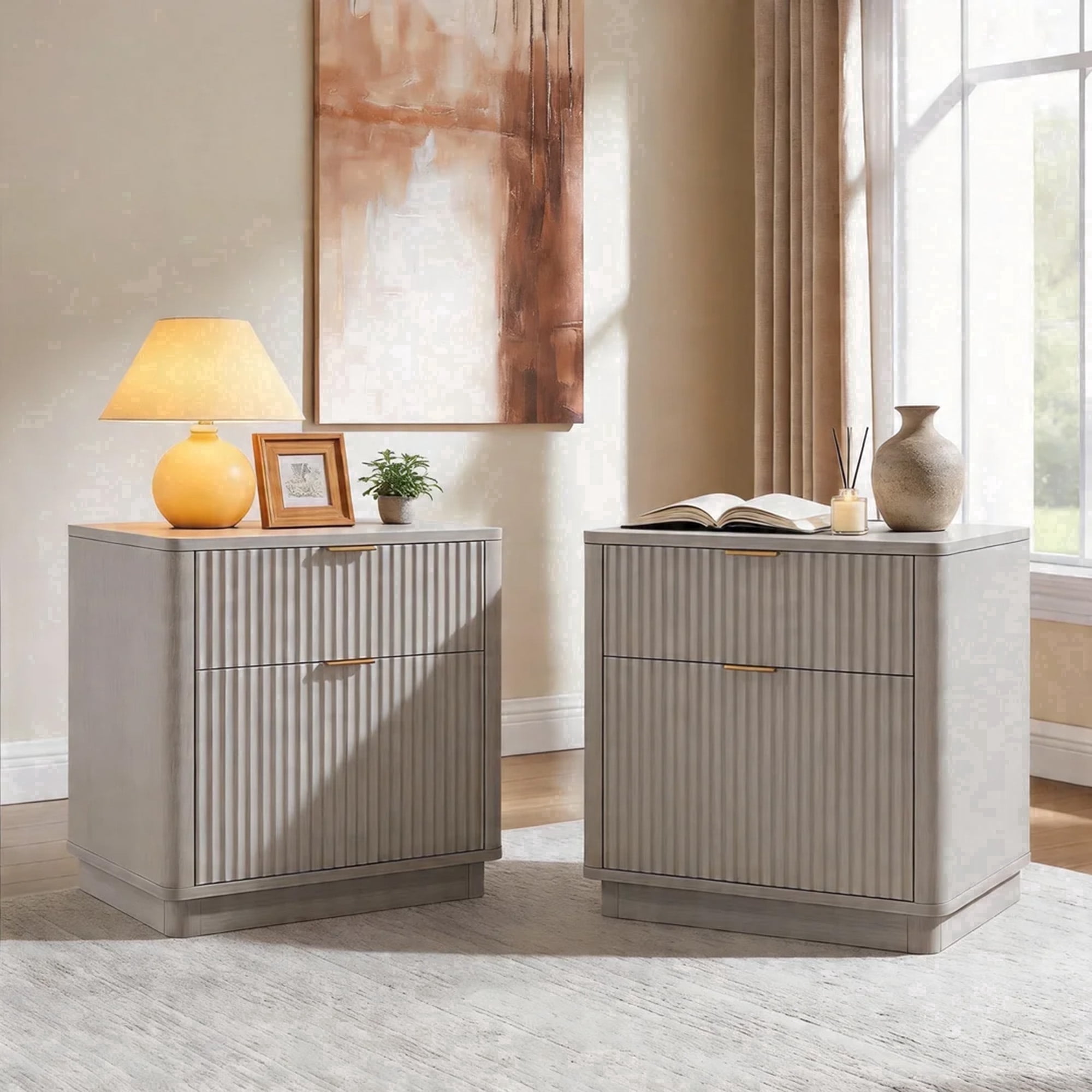 KeyWhat 23" Fluted 2-Drawer Nightstands Set of 2 with Charging Station & Curved Edges