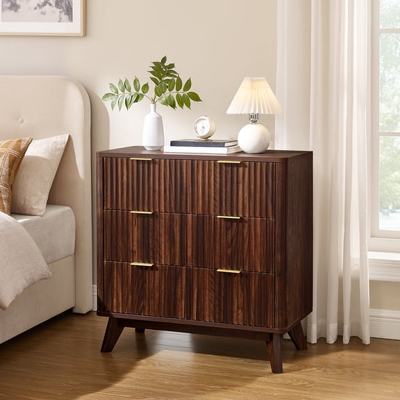 KeyWhat 3 Drawers Dresser for Bedroom, 32" Modern Fluted Nightstand with Faux Marble Top & Curved Profile Design, Wood Storage Cabinet for Living Room, Dark Walnut