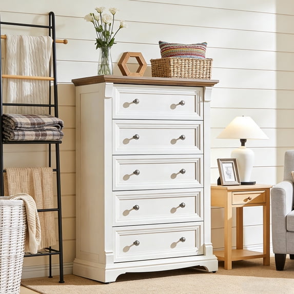 KeyWhat 47" Tall 5 Drawer Dresser, Farmhouse Chest of Drawers with Solid Wood & Space-Saver for Bedroom, Living Room, Antique White