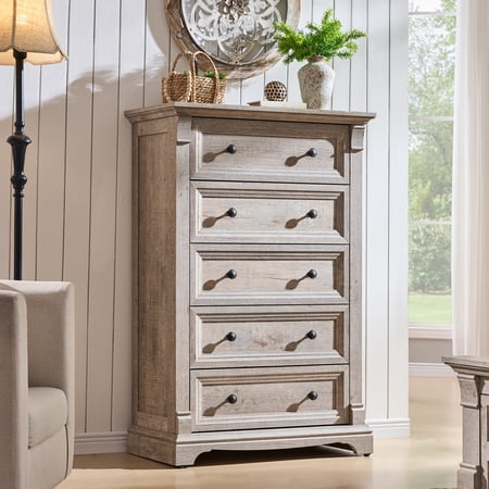 KeyWhat 47" Tall 5 Drawer Dresser, Farmhouse Chest of Drawers with Solid Wood & Space-Saver for Bedroom, Living Room, Light Rustic Oak