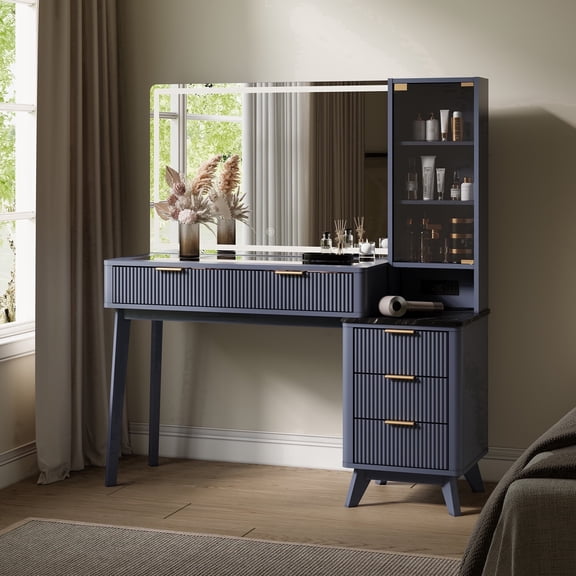 KeyWhat 48" Fluted Vanity Desk with 36" Mirror and Lights, Modern Makeup Table with 5 Drawers, Charging Station, Adjustable Shelves - Dark Gray